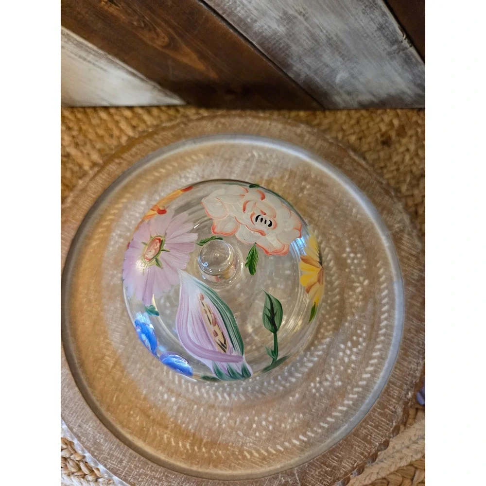 Hand Painted Floral Glass Butter Dish Domed Cloche Lid Clear 2 Piece Set Cottage